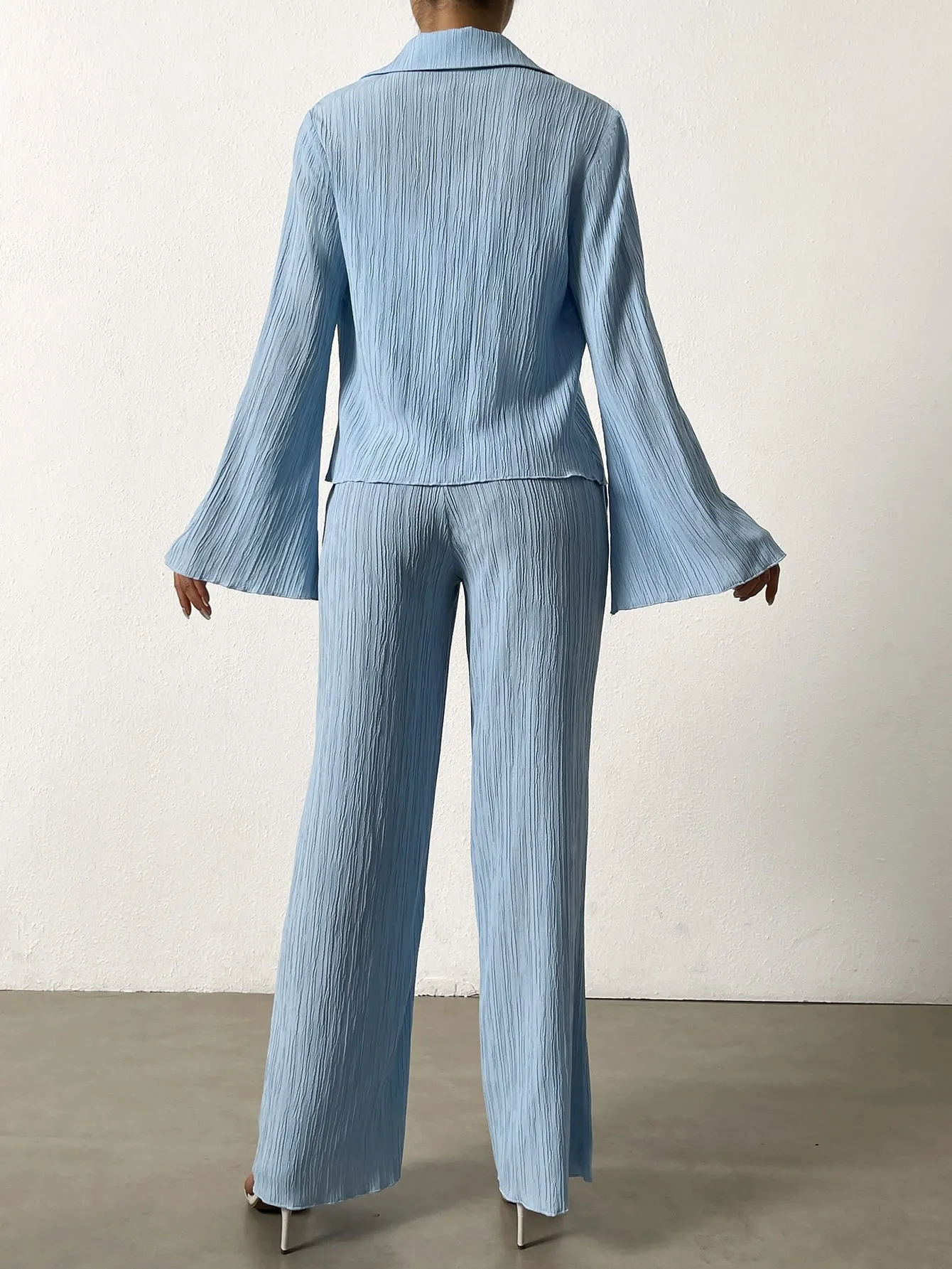 SHEIN Essnce Bell Sleeve Plisse Shirt & Wide Leg Pants