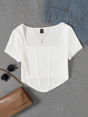 SHEIN EZwear Summer Outfit Square Neck White Seam Front Tee