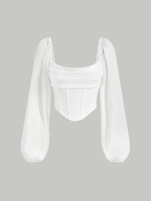 SHEIN MOD Lantern Sleeve Ruched Scoop Neck Asymmetrical Hem Crop Top