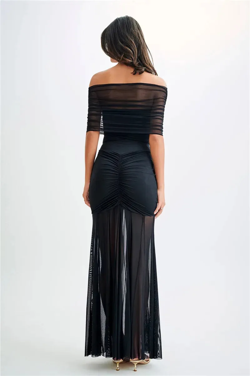 Solana - Elegant off shoulder sheer dress
