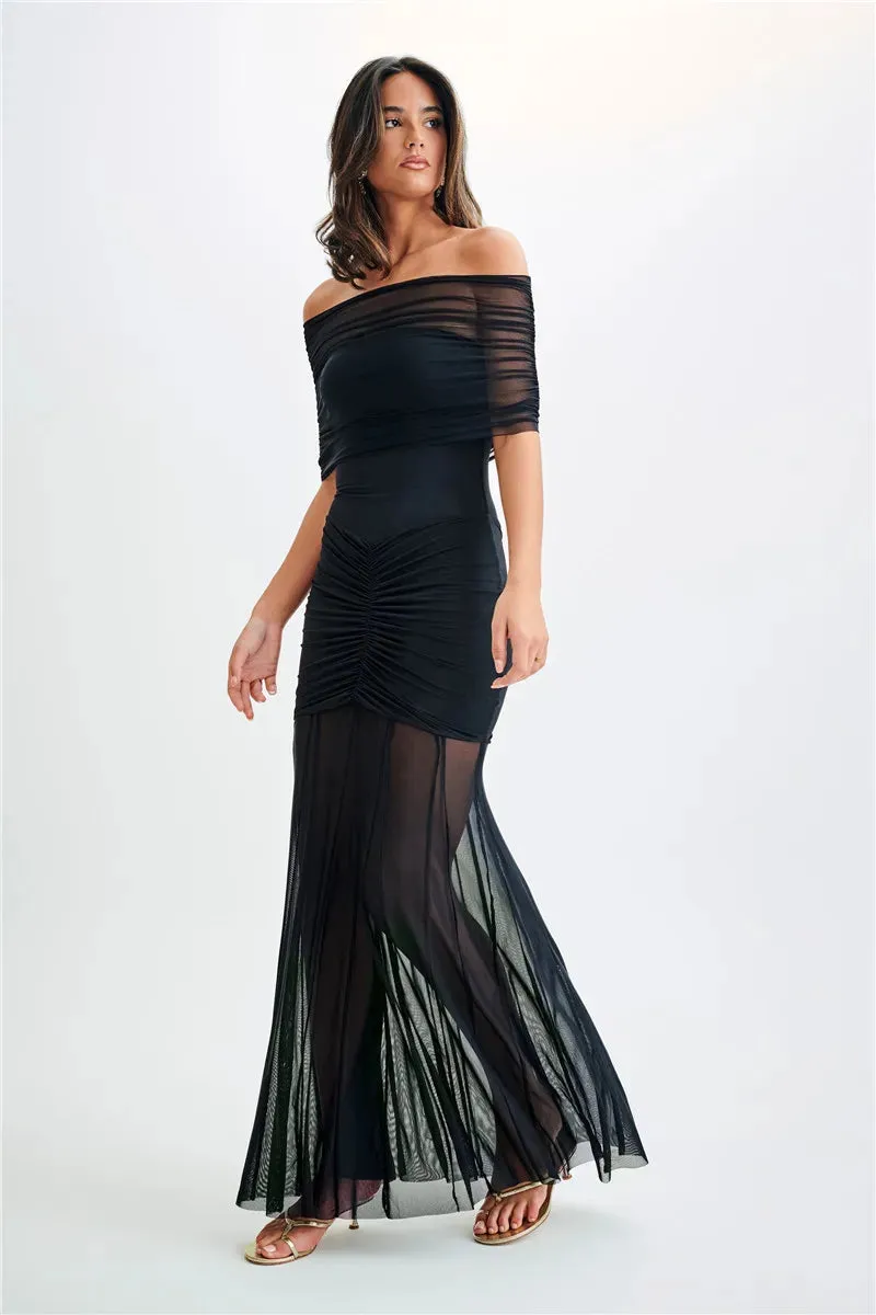 Solana - Elegant off shoulder sheer dress