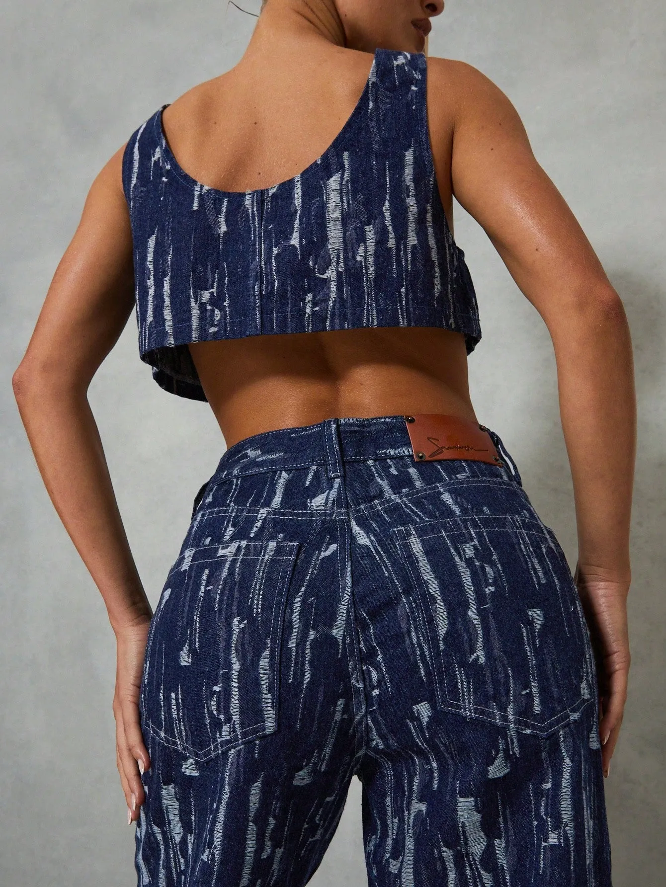 SUMWON WOMEN High Waist Shredded Wide Leg Front Slit Denim Jeans