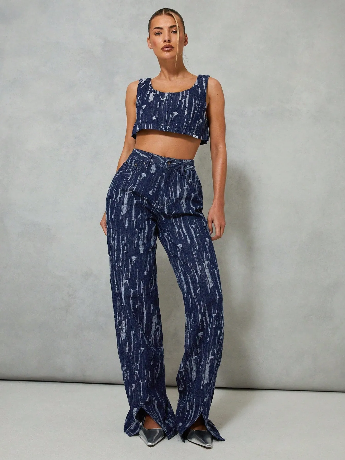SUMWON WOMEN High Waist Shredded Wide Leg Front Slit Denim Jeans