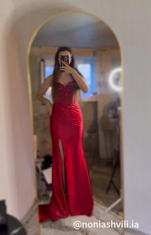 Sweetheart Collar High Split Sweep Train Satin Evening Dress