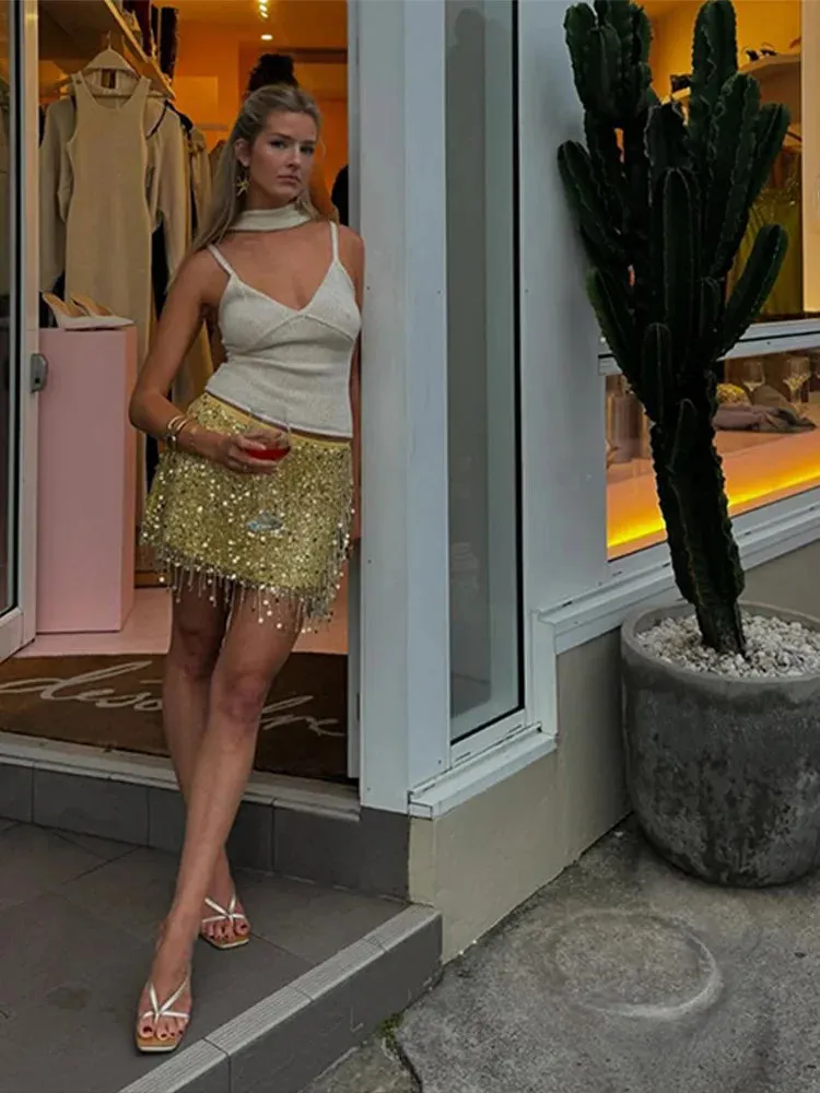 Tassel Sequin Crop Top & Skirt Set  Mini Style