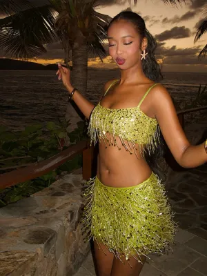 Tassel Sequin Crop Top & Skirt Set  Mini Style