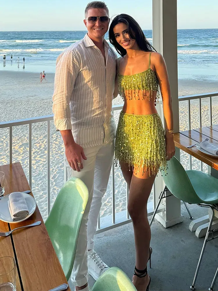 Tassel Sequin Crop Top & Skirt Set  Mini Style