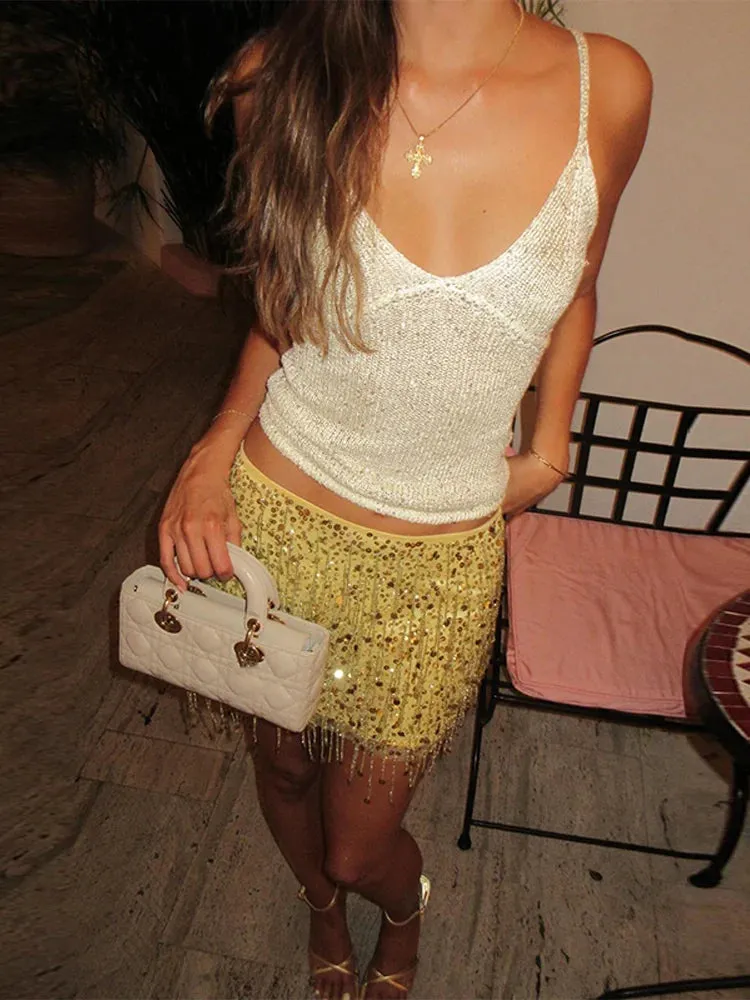 Tassel Sequin Crop Top & Skirt Set  Mini Style