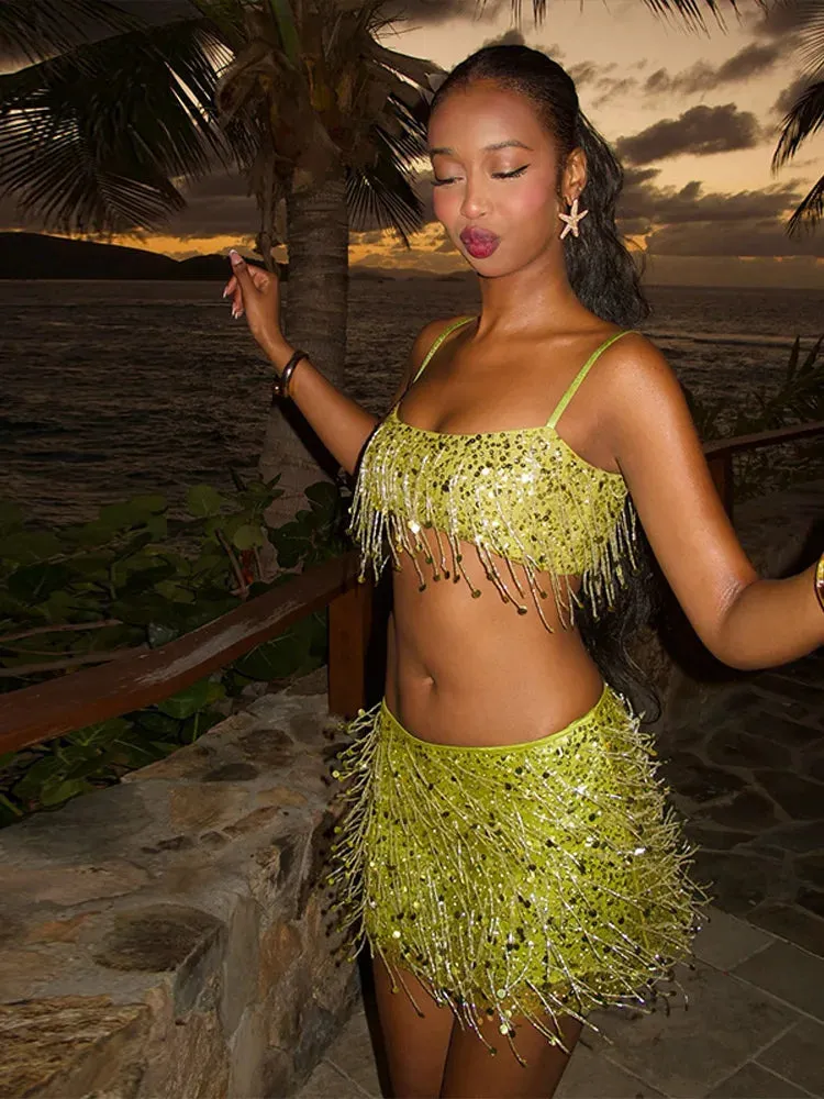 Tassel Sequin Crop Top & Skirt Set  Mini Style