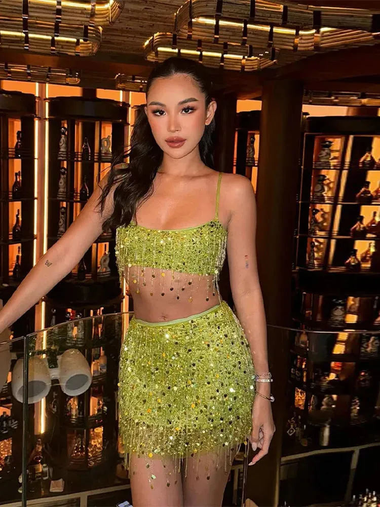 Tassel Sequin Crop Top & Skirt Set  Mini Style