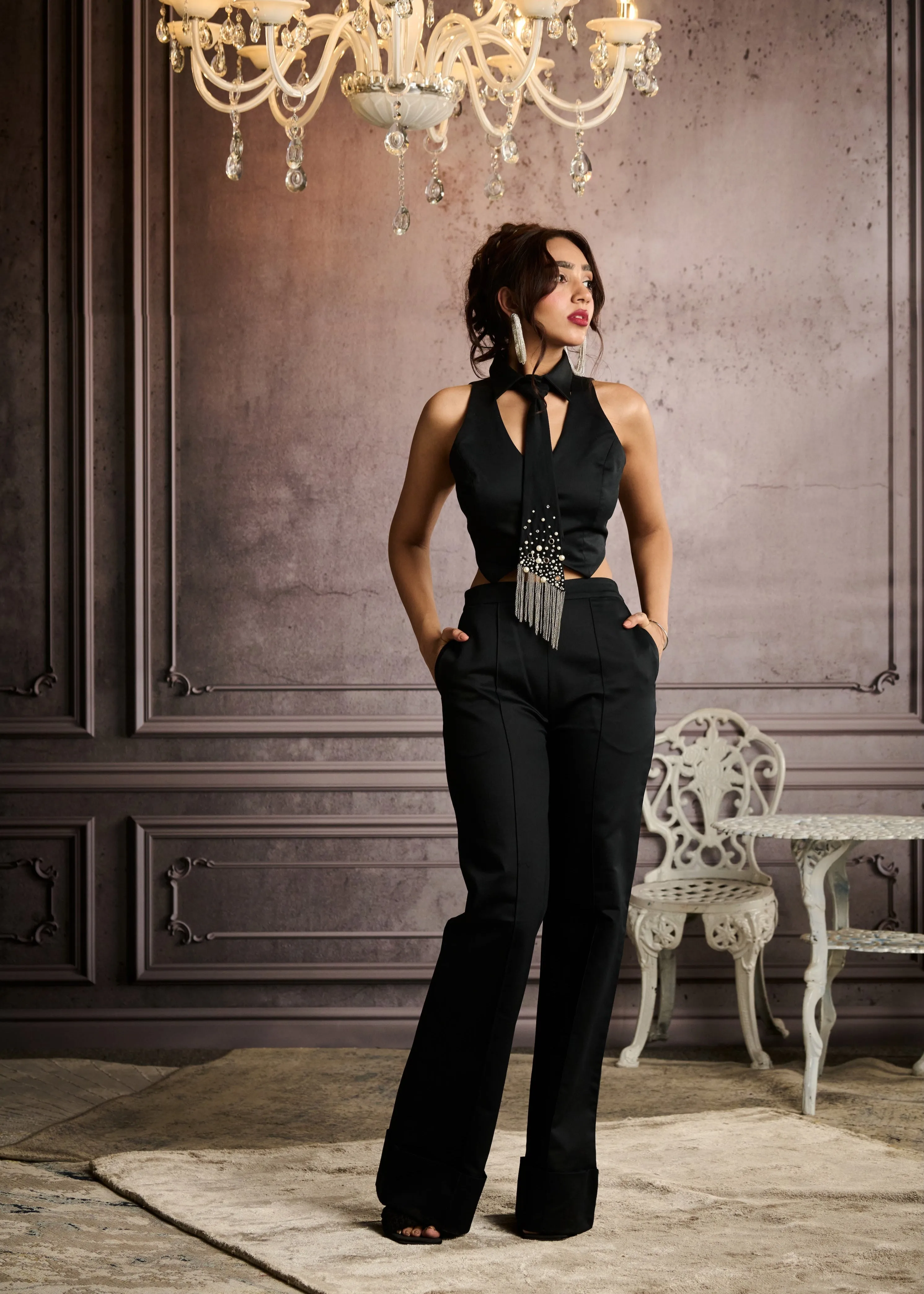 Tazanna Black Tailored Folded Wide-Leg Trousers