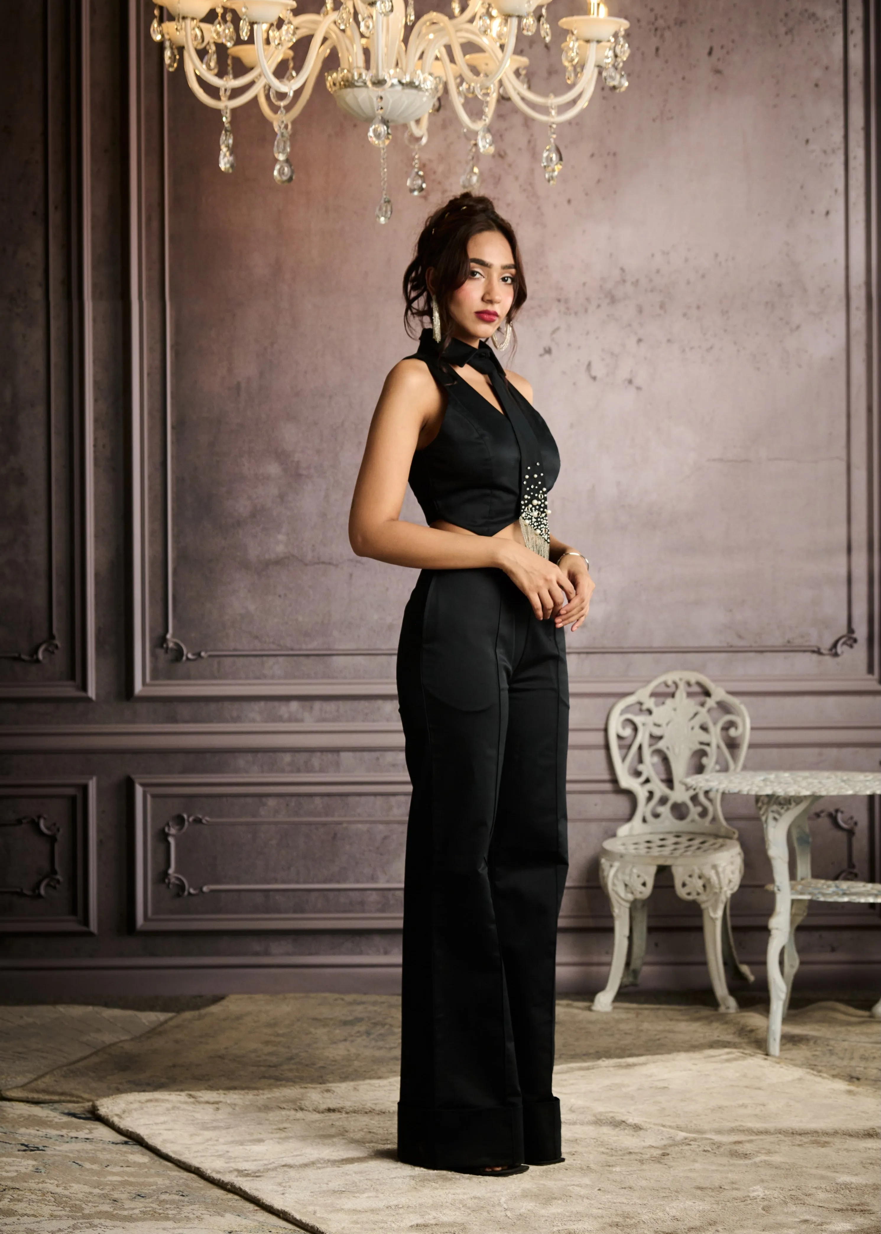 Tazanna Black Tailored Folded Wide-Leg Trousers