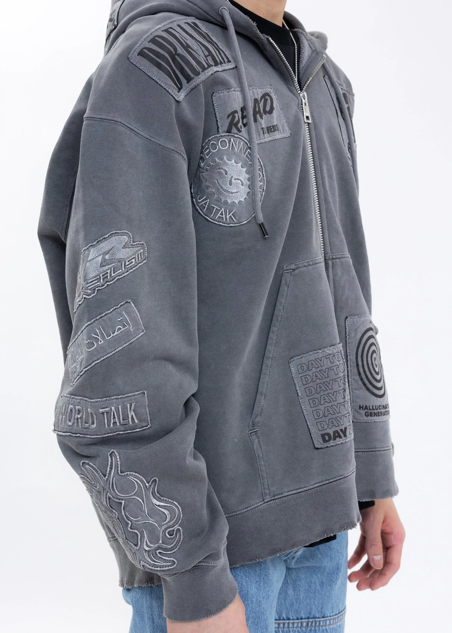 Washed Black EXTRA HOOD ZIPPED PATCH Hoodies