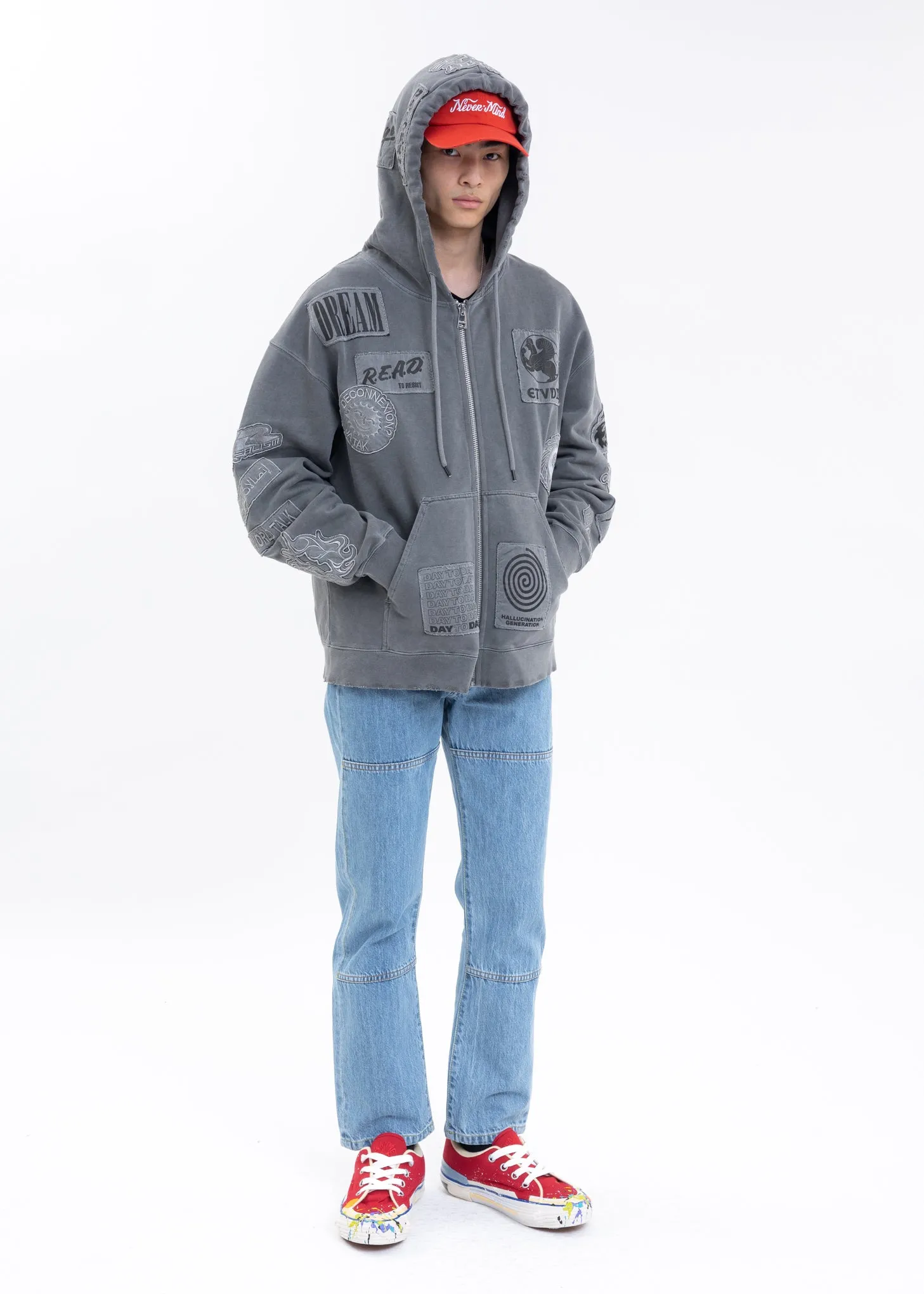 Washed Black EXTRA HOOD ZIPPED PATCH Hoodies