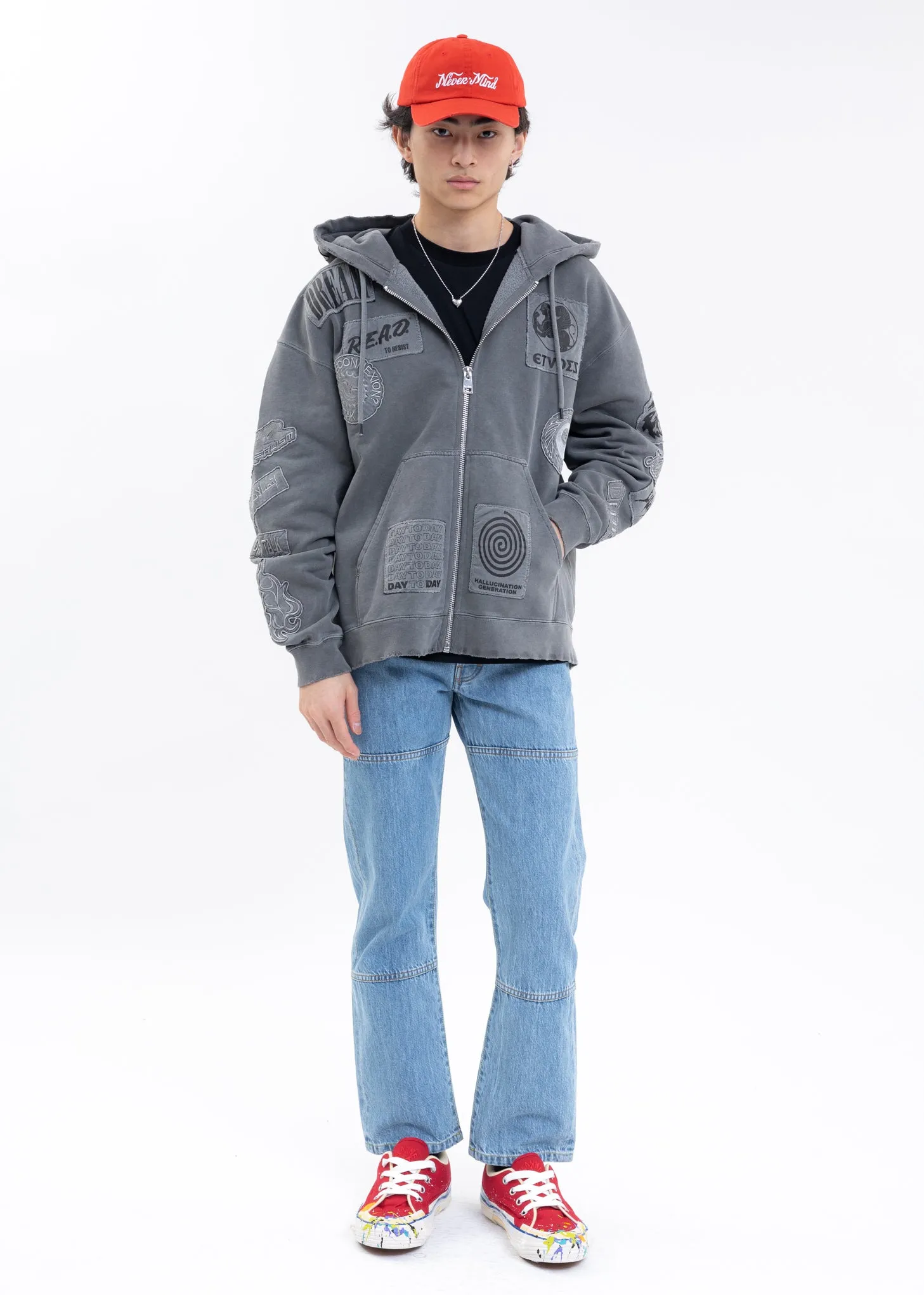 Washed Black EXTRA HOOD ZIPPED PATCH Hoodies