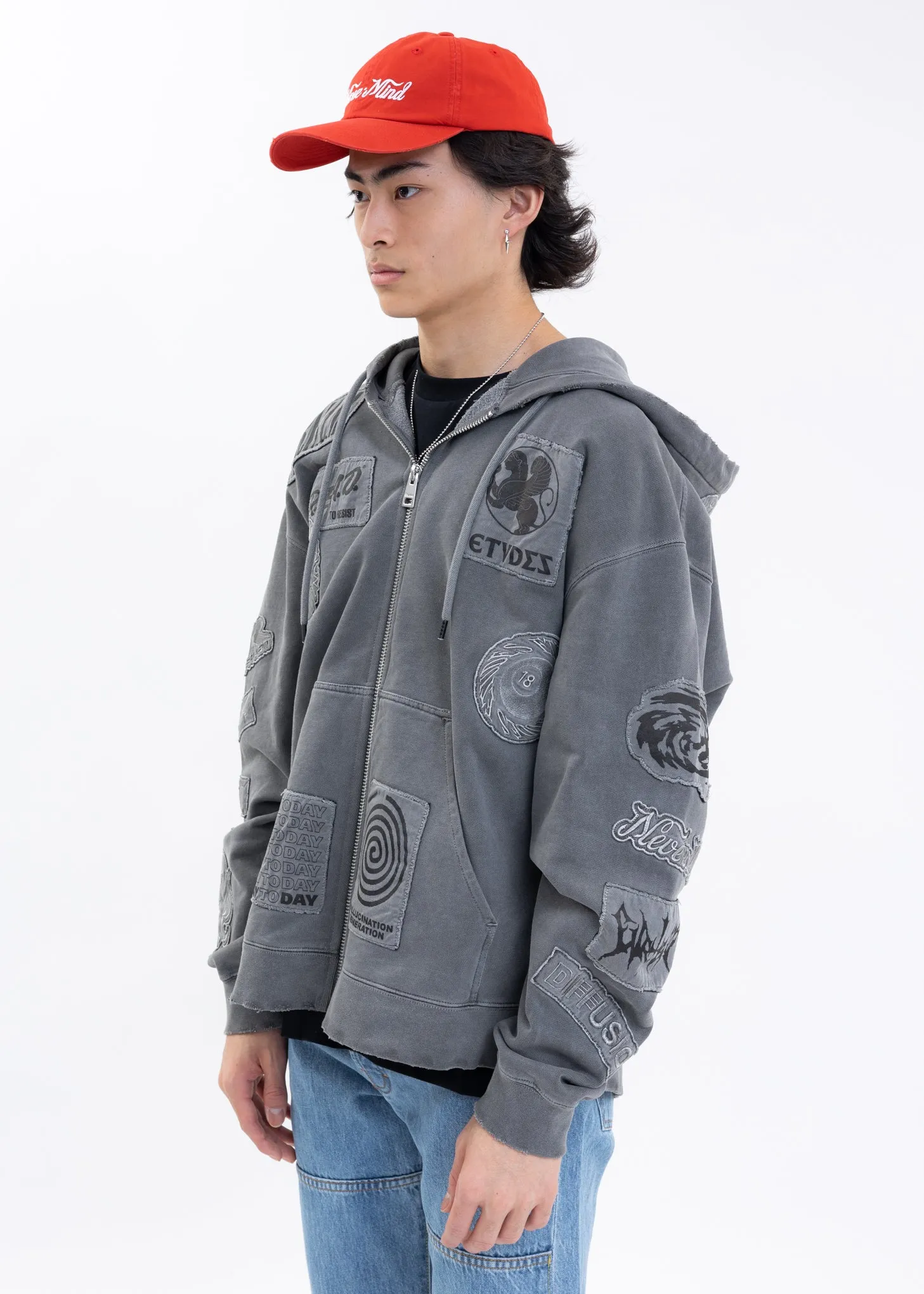 Washed Black EXTRA HOOD ZIPPED PATCH Hoodies