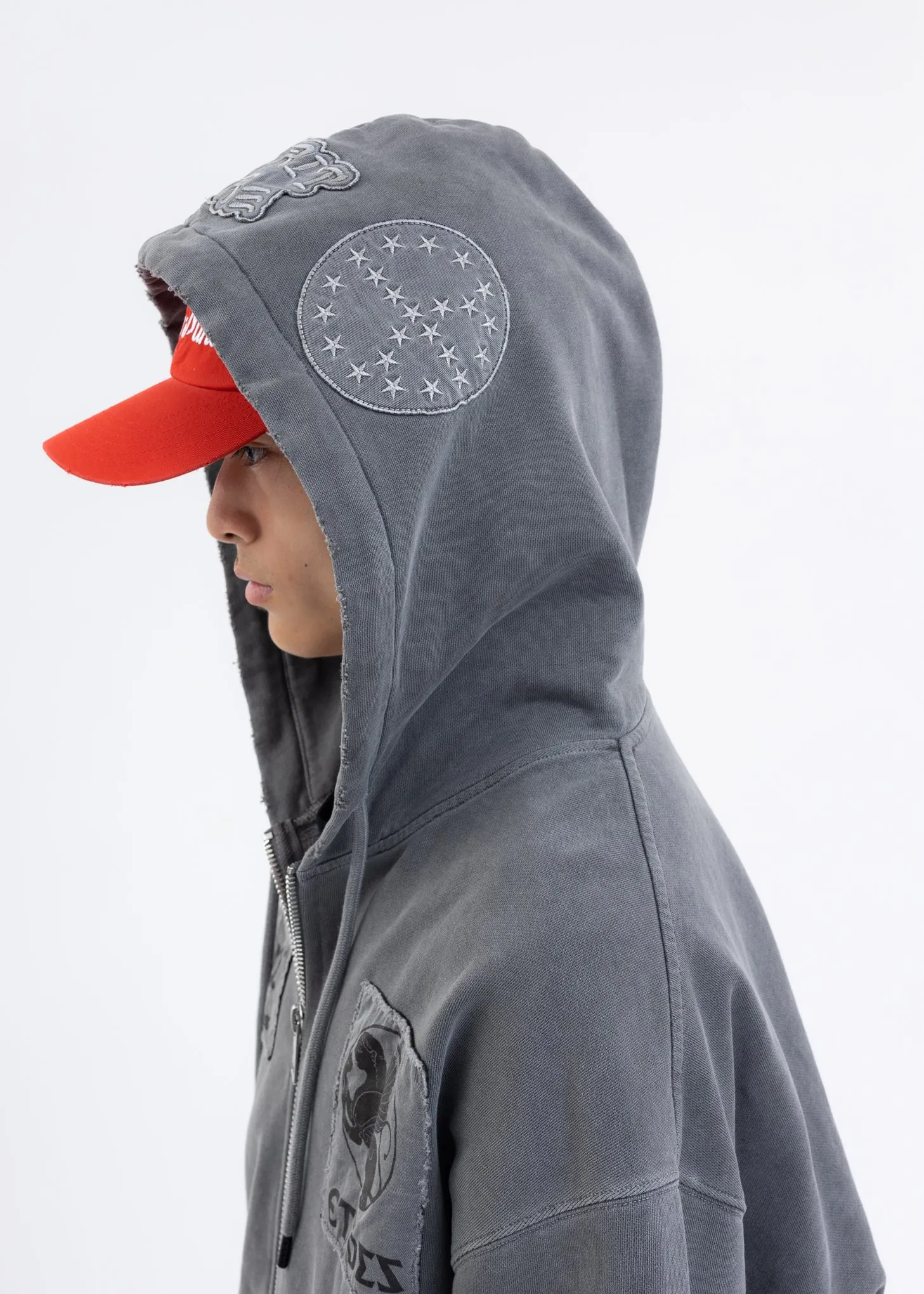 Washed Black EXTRA HOOD ZIPPED PATCH Hoodies
