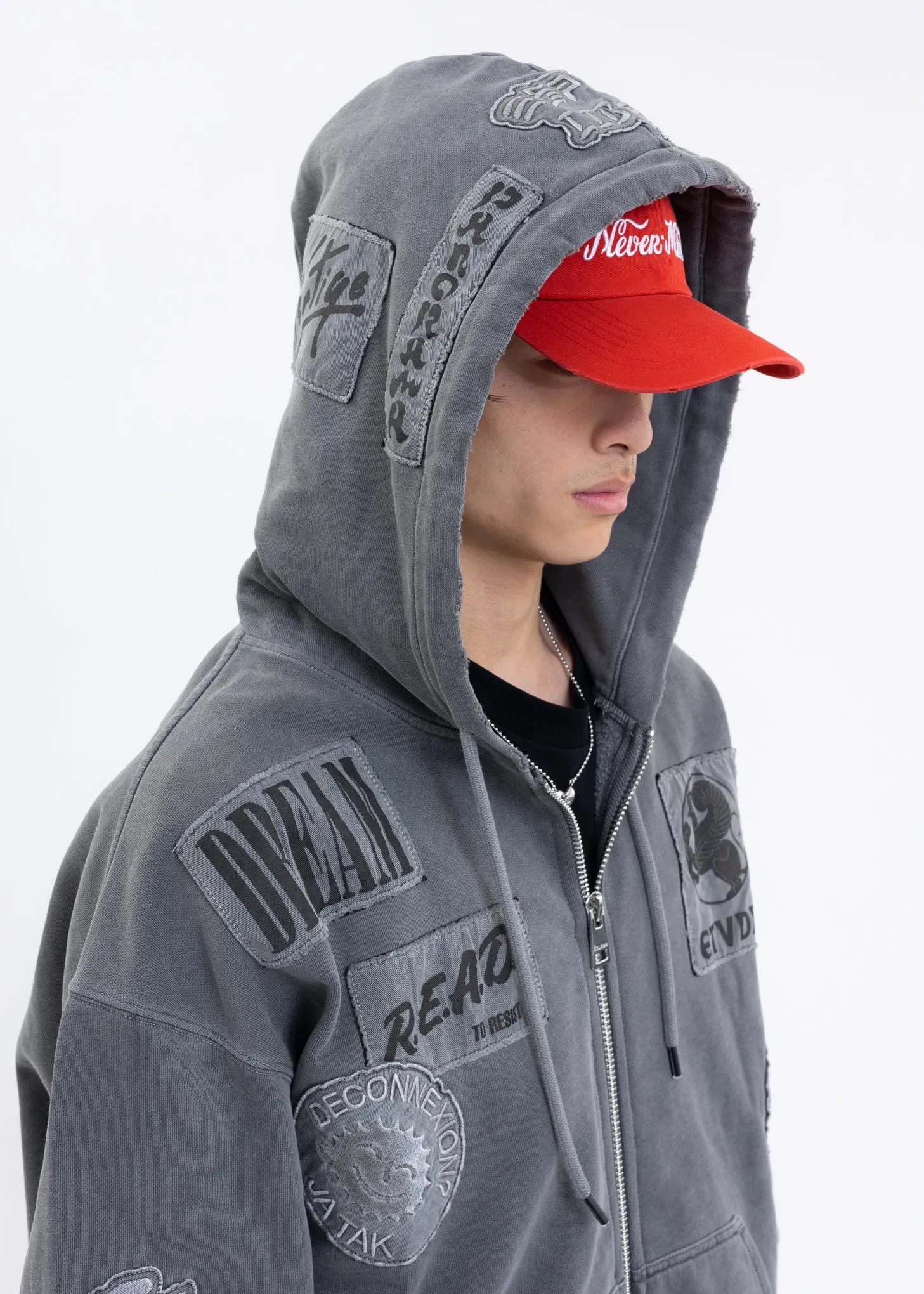 Washed Black EXTRA HOOD ZIPPED PATCH Hoodies