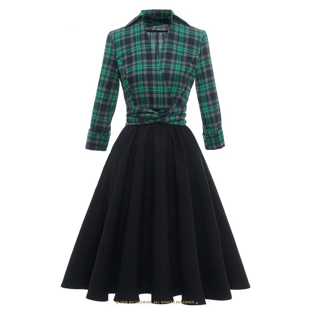 Women Hepburn Elegant Vintage Plaid Dress