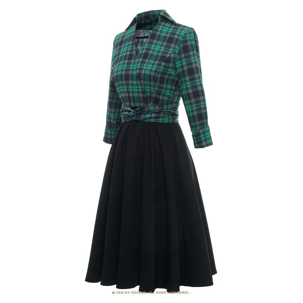 Women Hepburn Elegant Vintage Plaid Dress