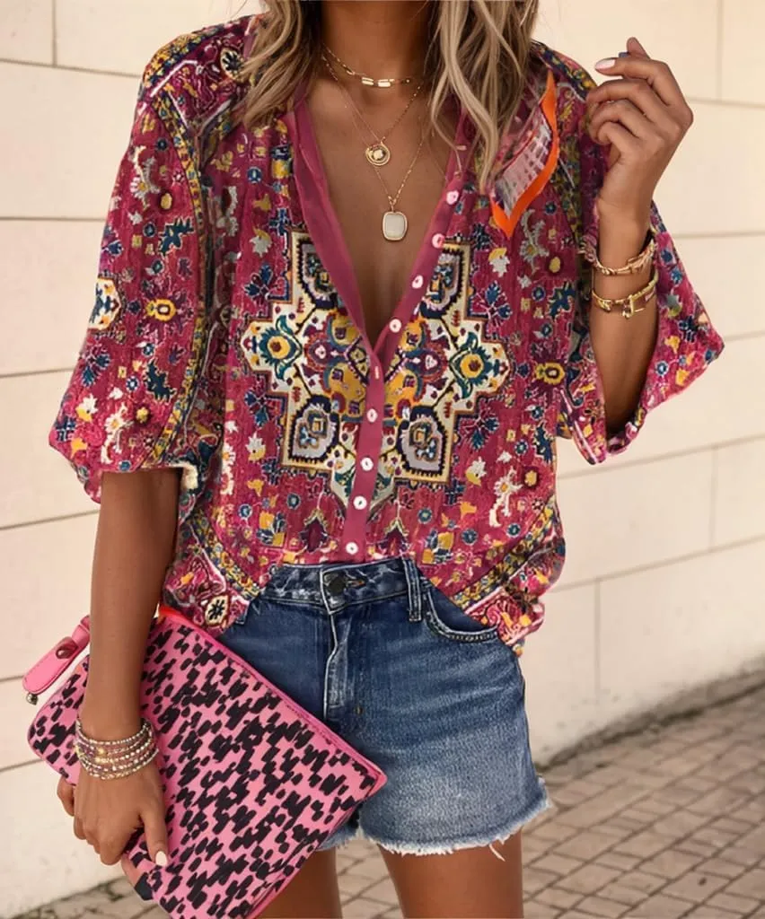 Womens 2024 Fall Fashion Lantern 3/4 Sleeve Retro Boho Floral Prirt Blouse Tops Casual Dressy Button Down Shirts for Women