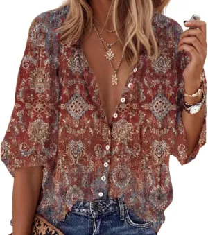 Womens 2024 Fall Fashion Lantern 3/4 Sleeve Retro Boho Floral Prirt Blouse Tops Casual Dressy Button Down Shirts for Women