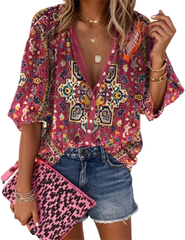 Womens 2024 Fall Fashion Lantern 3/4 Sleeve Retro Boho Floral Prirt Blouse Tops Casual Dressy Button Down Shirts for Women