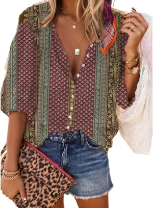 Womens 2024 Fall Fashion Lantern 3/4 Sleeve Retro Boho Floral Prirt Blouse Tops Casual Dressy Button Down Shirts for Women