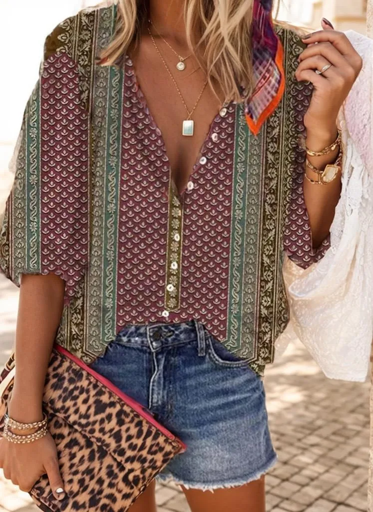 Womens 2024 Fall Fashion Lantern 3/4 Sleeve Retro Boho Floral Prirt Blouse Tops Casual Dressy Button Down Shirts for Women