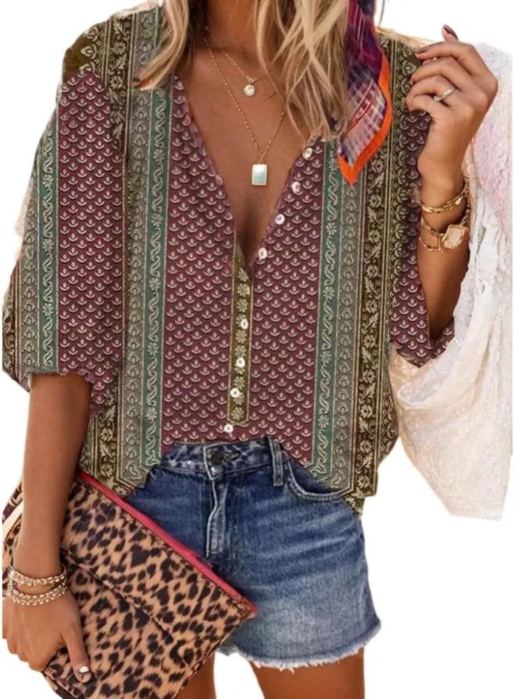 Womens 2024 Fall Fashion Lantern 3/4 Sleeve Retro Boho Floral Prirt Blouse Tops Casual Dressy Button Down Shirts for Women