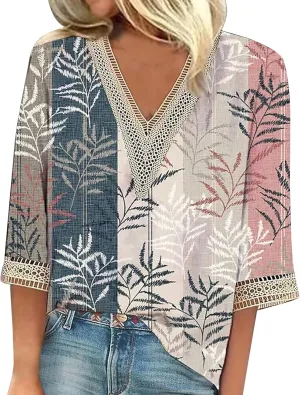 Women's 3/4 Sleeve Loose Printed Top Deep V Neck Casual Vacation Women's 3/4 Sleeve Shirt with Work Pants