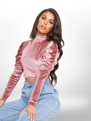 Women's Pink Velvet Puff Ruched Sleeve Crop Top