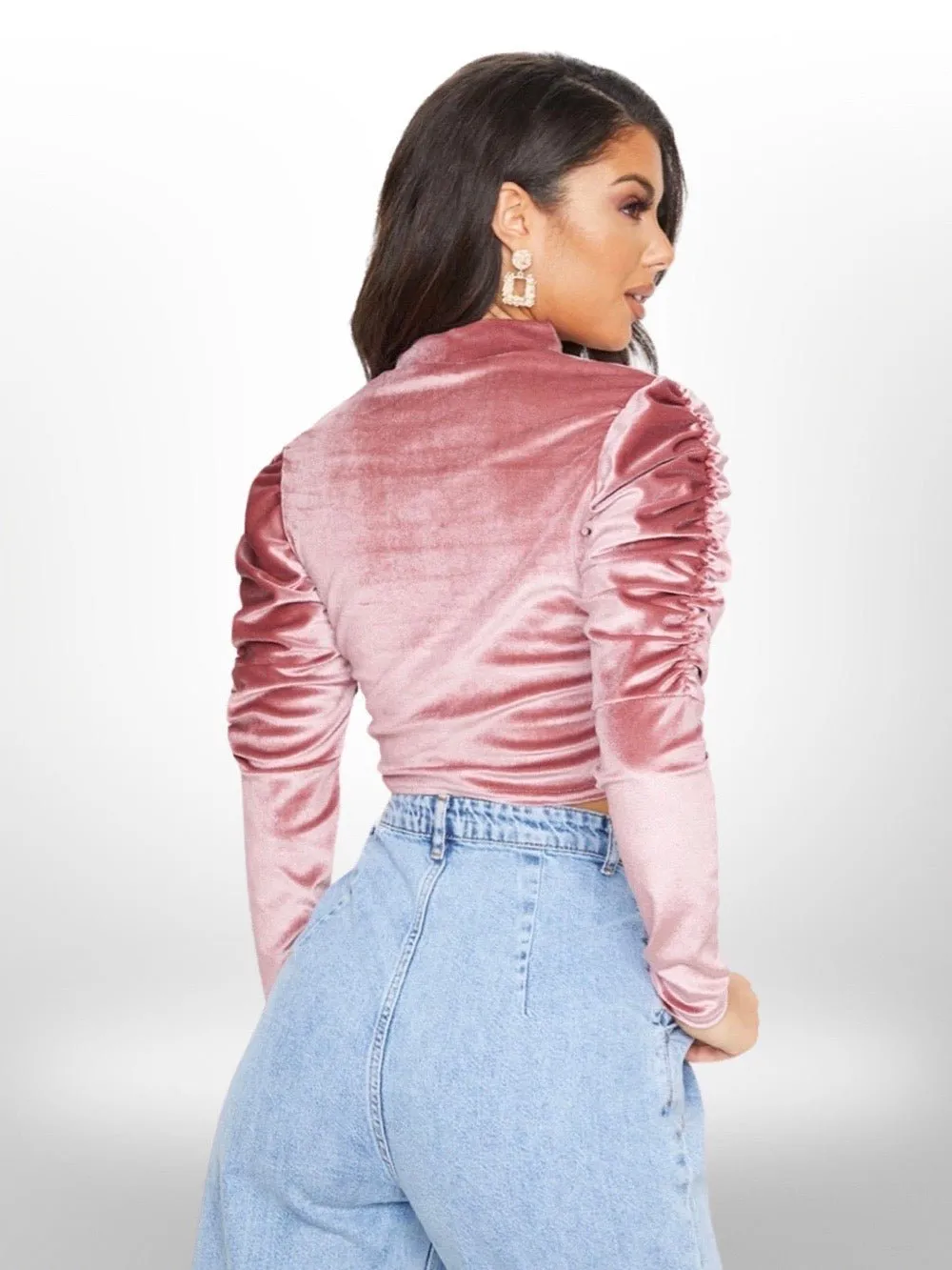 Women's Pink Velvet Puff Ruched Sleeve Crop Top