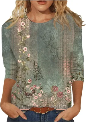 Womens Tops 3/4 Sleeve Shirts Trendy Floral Blouses Casual Loose Fit Summer Tee Crewneck Tunic Tops 2024 S-5XL