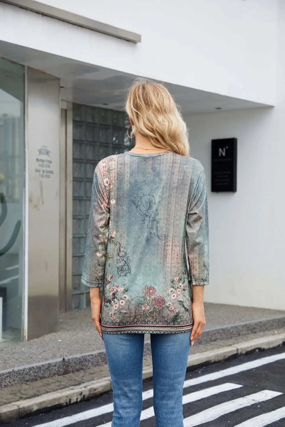 Womens Tops 3/4 Sleeve Shirts Trendy Floral Blouses Casual Loose Fit Summer Tee Crewneck Tunic Tops 2024 S-5XL