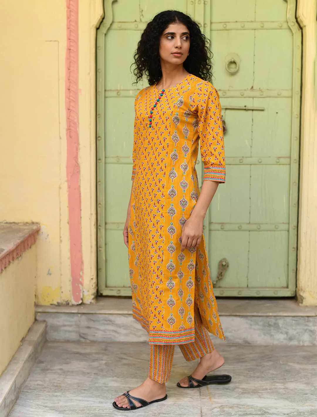 Yellow Pure Cotton Floral Printed Regular 3-Piece Kurta Suit Set