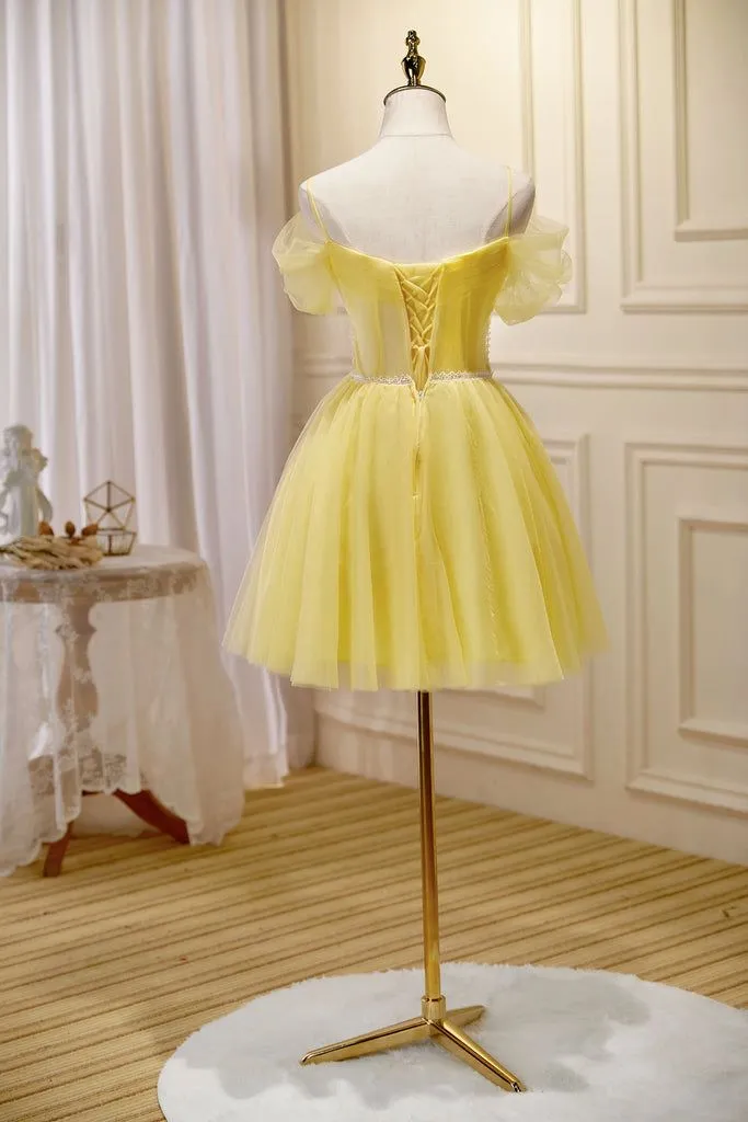 Yellow Sweetheart Off Shoulder Lace Up Back A-line Graduation Party Short Homecoming Dresses Formal Evening Party Dresses, QB0826